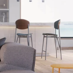 Artémis Carrier® Tabouret snack design français assise et dossier en tissu dos en bois et pieds en métal
