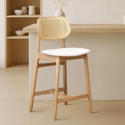 AugustinTabouret snack avec dossier en cannage et assise en tissu