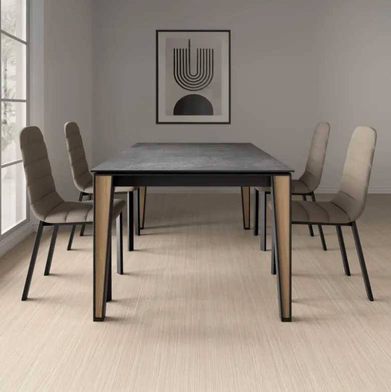 Okaso Table moderne extensible en céramique avec pieds bois et métal